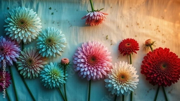 Fototapeta Zinnia Flat Lay on Linen - Cool Hues & Candlelight Glow