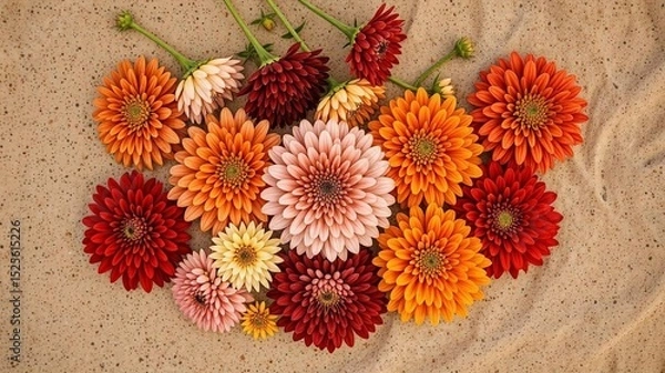 Fototapeta Zinnia Flat Lay on Sandy Background - Twilight Hues