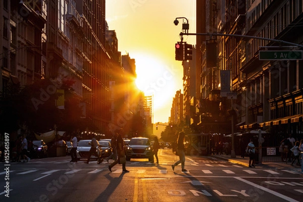 Fototapeta Crowded intersection with busy people and traffic on 5th Avenue in New York City with sunset light shining in the background