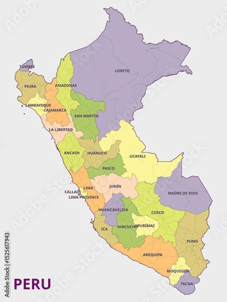 Obraz Map of Peru States and Regions