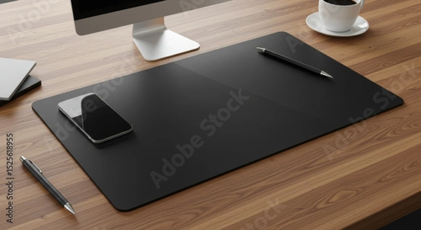 Fototapeta Elegant desk mat mockup featuring workspace setup and minimalist accessories on wooden surface