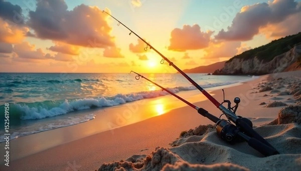 Obraz A tranquil beach scene with fishing rods resting on the sand, overlooking a calm ocean; perfect for relaxation and angling The sun sets, casting a warm golden glow , sunrise, relaxation
