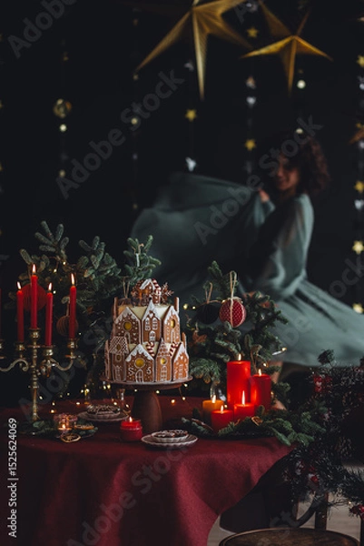 Obraz Beautiful woman in knitted sweater making handmade homemade delicious gingerbread house for family Christmas celebration. Elegant table setting. Cozy home atmosphere, festive mood, candlelight