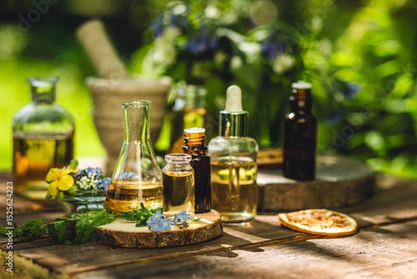 Obraz Concept of pure natural ingredients for cosmetic production. Alternative herbal medicine. Bottles of tincture or potion, organic essential oils, dry healthy herbs, floral extracts on wooden table