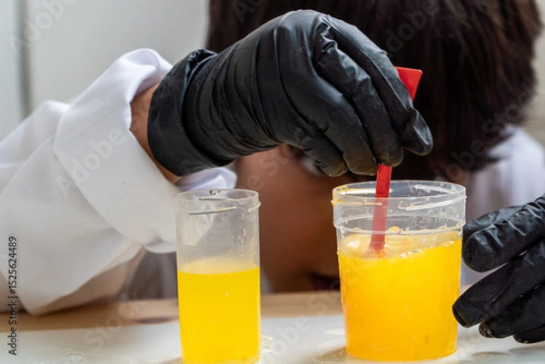 Fototapeta Focused schoolboy in science class stirring liquid in school lab