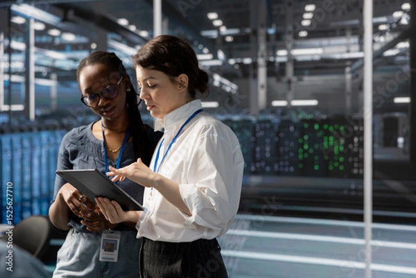 Obraz Engineers in data center using device, verifying firewall configurations. Teamworking IT professionals performing equipment vulnerability scans in server hub using tablet
