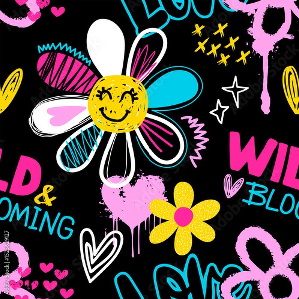 Obraz Fashion abstract seamless pattern with flower, graffiti words, slogan and cute signs on black background. Bright Wallpaper on hand draw style for teen girl