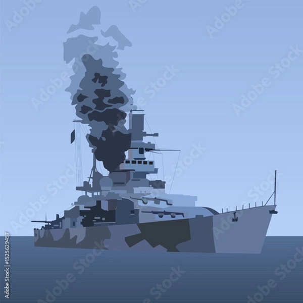 Obraz Vector illustration in blue and gray shades depicting a warship from the Second World War against the sea. For your military-style designs and For powerful and historically accurate military illustrat