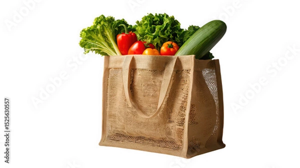 Obraz Reusable jute shopping bag filled with fresh vegetables like carrots, bell peppers, lettuce, and tomatoes, isolated on a transparent PNG background, ideal for eco lifestyle themes