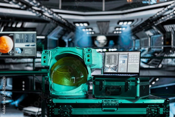 Fototapeta Space helmet next to laptop in spaceship showing core performance diagnostics during orbital flight. Astronaut equipment prepared for planetary expedition and notebook displaying spaceship readouts