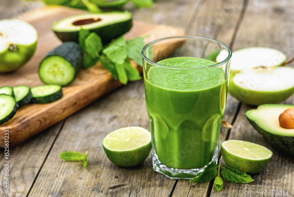 Fototapeta Glass of green detox smoothie with avocado cucumber lime and apple on rustic wooden background, healthy detox drink concept, copy space