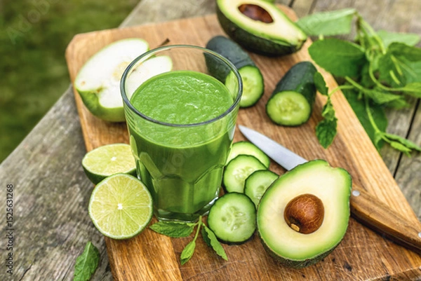 Fototapeta Glass of green detox smoothie with avocado cucumber lime and apple on rustic wooden background, healthy detox drink concept, copy space