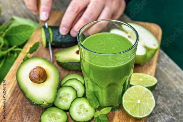 Fototapeta Glass of green detox smoothie with avocado cucumber lime and apple on rustic wooden background, healthy detox drink concept