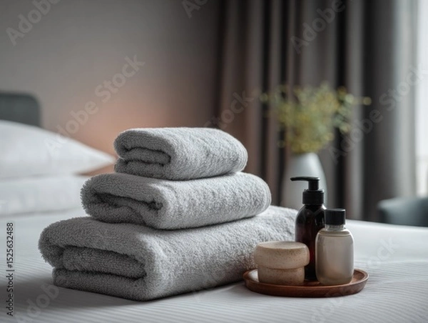 Fototapeta Pile of folded towels and bath products on bedside table