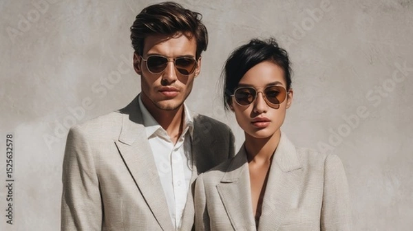 Obraz Two people in stylish sunglasses and formal wear pose for the camera.