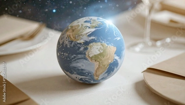 Fototapeta Earth globe on table with space background for global event and international business concept ideas generative ai 