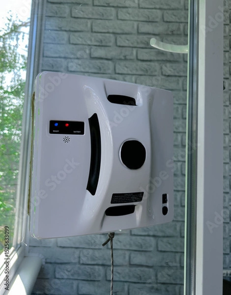 Fototapeta Automated window cleaning robot attached to a glass window in a residential setting. The smart device is in action. Concept of smart home technology, automation, and modern cleaning 