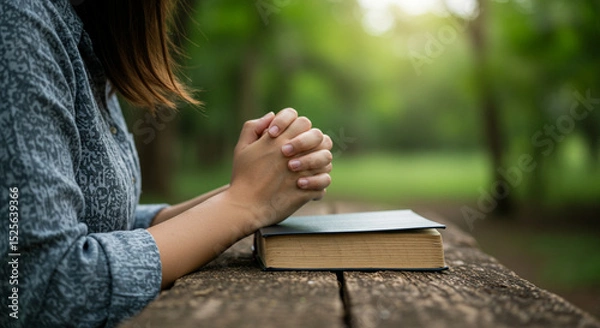 Obraz Woman Praying with Hands Clasping Over a Book Outdoors with Natural Bokeh Background