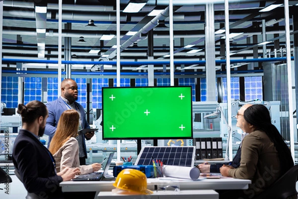 Obraz Solar panels plant manager uses green screen monitor to present manufacturing strategies to investors. Photovoltaics factory executive uses mockup display to show data to shareholders