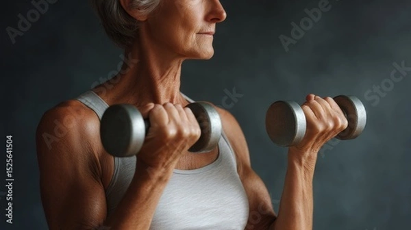 Obraz Older lady exercising with dumbbells