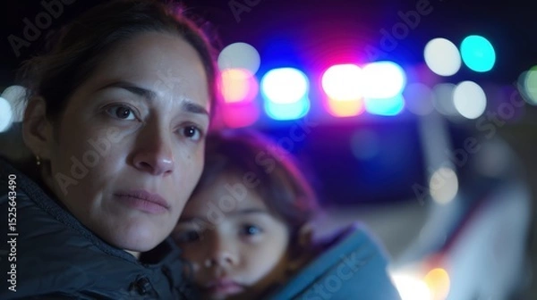 Fototapeta Hispanic mother holds child beside ICE van during deportation raid
