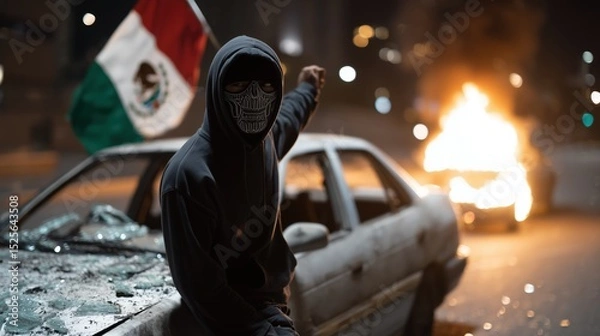 Obraz Masked protester raising a fist beside a destroyed car with the Mexican flag in the background and a vehicle burning in the distance during a night riot scene