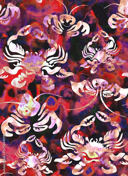 Fototapeta Funny lobsters, crabs and other sea creatures on picturesque watercolor background. Inhabitantes of seabed rapport illustration for textile, decor package, wallpaper, tablecloth, napkins, stationery