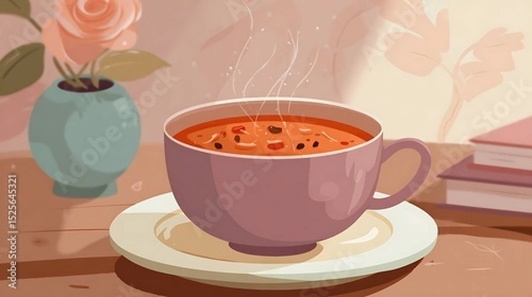 Obraz A warm cup of steaming, vibrant liquid rests on a table.