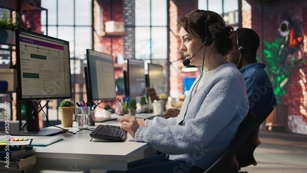 Obraz Call center team of agents wearing headset assisting customers over phone at modern workstation with multiple monitors, emphasizing customer support, communication and service efficiency, camera B