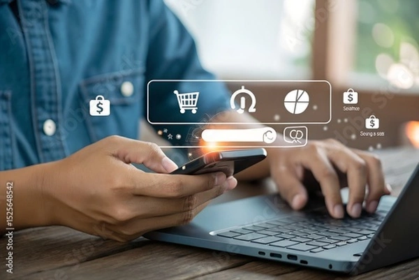 Fototapeta Digital marketing concept. businessman tapping mobile screen to access online data trends and virtual applications, representing internet search, innovation, business planning and communication tools.