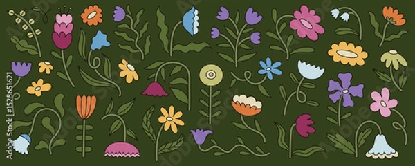 Fototapeta Set of hand-drawn floral line art. Cute colorful doodle flower and leaf elements. Perfect for patterns, stickers, and digital design.