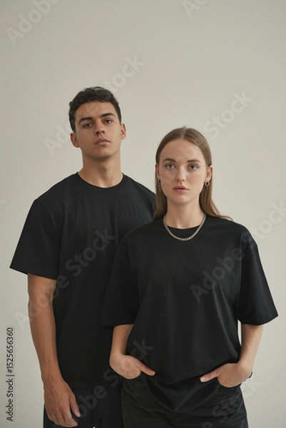 Fototapeta A minimalist studio portrait of two young people standing against a plain off-white wall. Both are wearing plain black t-shirts.
