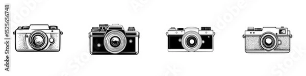 Fototapeta Icon set featuring vintage camera designs with various styles and features for artistic and graphic applications
