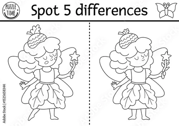 Fototapeta Black and white find differences game for children. Fairyland educational activity with acorn fairy. Magic forest line puzzle for kids. Fairytale printable worksheet, coloring page with fantasy girl