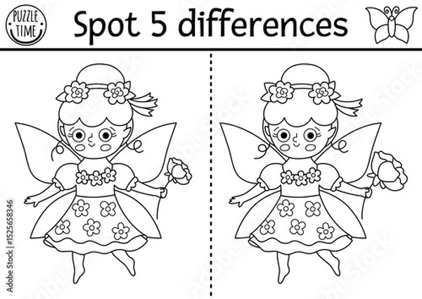 Fototapeta Black and white find differences game. Fairyland educational activity with flower fairy. Magic forest puzzle for kids. Fairytale line printable worksheet, coloring page with fantasy girl