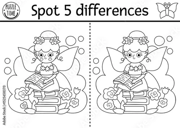 Fototapeta Black and white find differences game. Fairyland educational activity with flower fairy reading sitting on a book pile. Magic forest puzzle for kids. Fairytale printable worksheet, coloring page