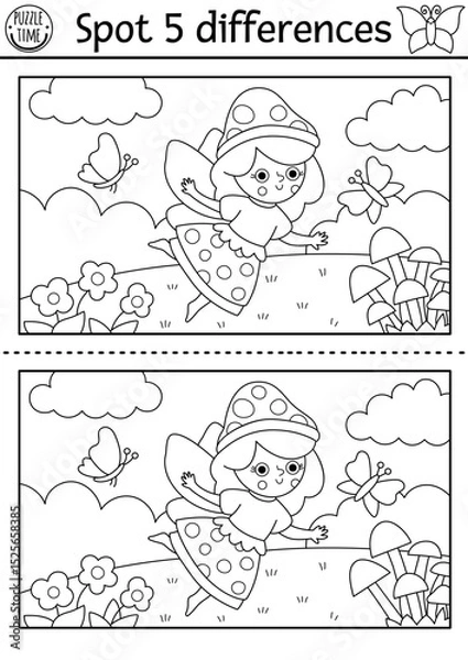 Fototapeta Black and white find differences game. Fairyland educational activity with landscape with mushroom fairy on meadow. Magic forest puzzle for kids. Fairytale printable worksheet, coloring page