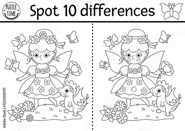 Fototapeta Black and white find differences game. Fairyland educational activity with flower fairy, dragon. Magic forest puzzle for kids. Fairytale line printable worksheet, coloring page with fantasy girl