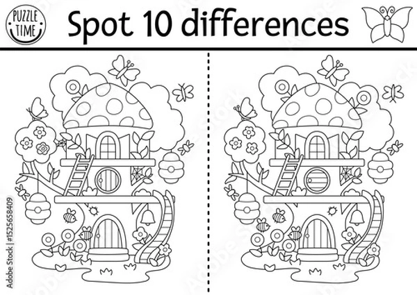 Fototapeta Black and white find differences game. Fairyland educational activity with fairy bug tree house. Magic forest puzzle for kids. Fairytale line printable worksheet, coloring page with fantasy home