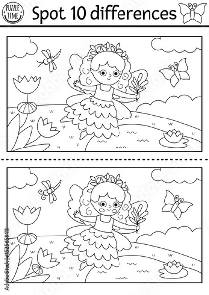 Fototapeta Black and white find differences game. Fairyland educational activity with swamp fairy landscape. Magic forest puzzle for kids. Fairytale line printable worksheet, coloring page with fantasy girl