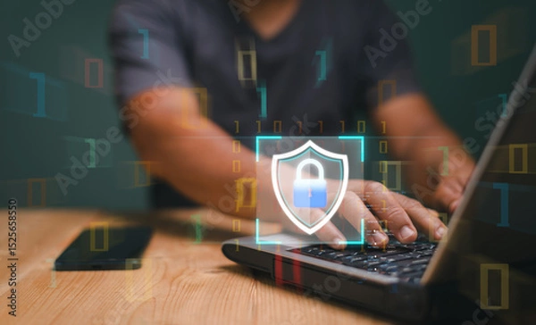 Obraz Cyber security and privacy concepts, Personal data security. Protecting information from cyber attacks, Businessman using laptop with virtual shield screen for global internet security.