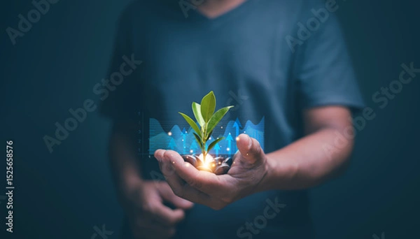 Fototapeta Businessman holding tree growing from pile of coins with financial graph. Growth saving and investment concept. CSR. sustainable development. Business with environmental concern. Saving money.