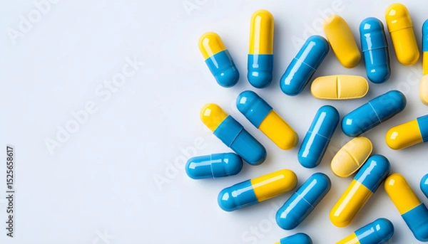 Obraz Yellow oval pills and blue capsules on white backdrop with room for text