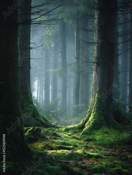 Fototapeta Misty Forest with Ancient Mossy Trees (Generative AI)
