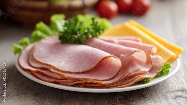 Fototapeta Slices of ham and cheese neatly arranged on a clean white plate, natural lighting enhancing the textures.