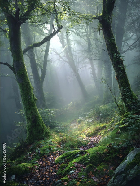 Fototapeta Misty Forest with Ancient Mossy Trees (Generative AI)