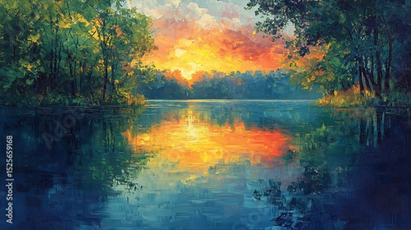 Fototapeta Colorful Sunset Lake Landscape in Impressionist Painting Style (Generative AI)