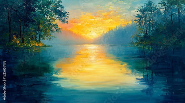 Fototapeta Colorful Sunset Lake Landscape in Impressionist Painting Style (Generative AI)