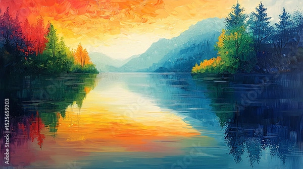 Fototapeta Colorful Sunset Lake Landscape in Impressionist Painting Style (Generative AI)