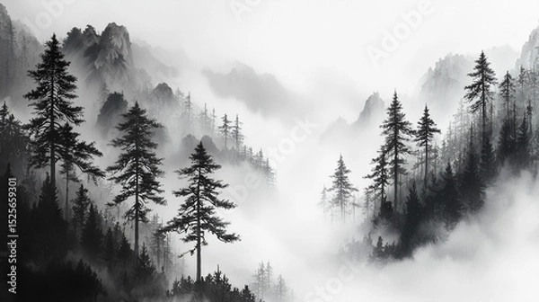 Fototapeta Misty Mountains and Pine Trees in Traditional Ink Wash Painting (Generative AI)